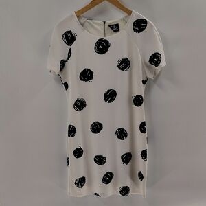 THE MOON Ivory White Black Dot Dress Size Large Zip Back Stretch Short Sleeve
